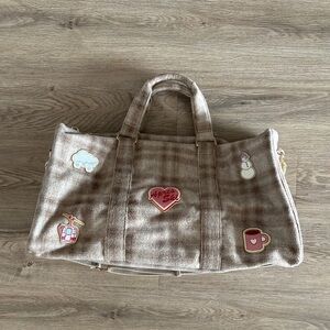 Stoney Clover Lane Beige Plaid Travel Bag with Fun Patches